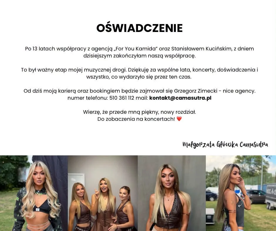 Pilne oświadczenie Małgorzaty Główki z zespołu CamaSutra: „To był ważny etap”